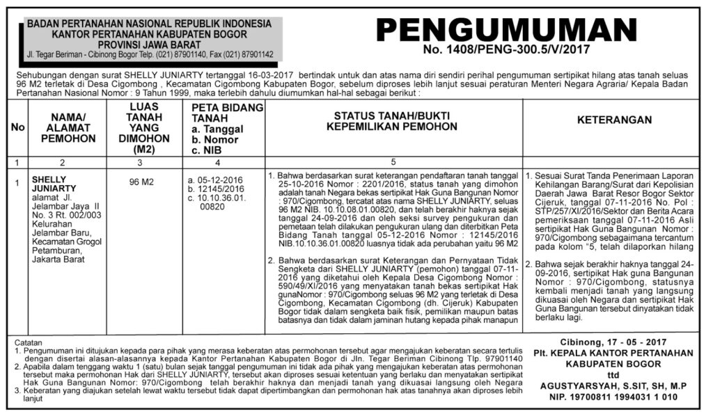 contoh iklan kehilangan sertifikat dari BPN